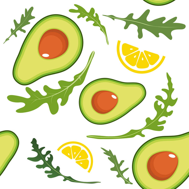 nahtloses Muster auf weißem Hintergrund mit Avocado, Rucola und Zitronenscheibe. Vektorillustration. - Vektor, Bild