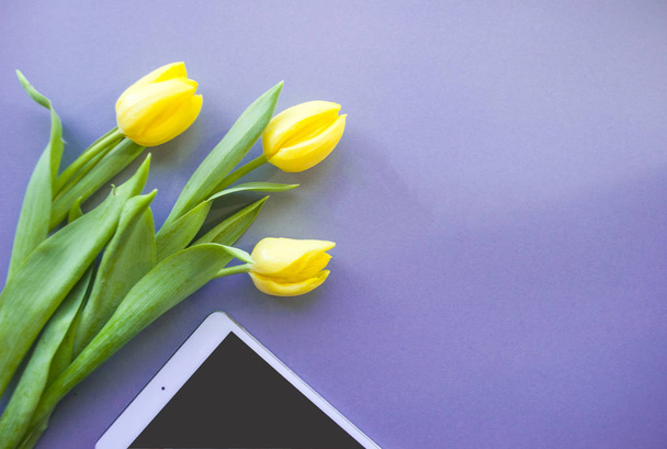 Bouquet di bei tulipani gialli e tavoletta su sfondo viola con copyspace. Concetto primavera
. - Foto, immagini