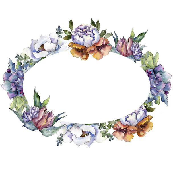 Bouquets floral botanical flowers. Watercolor background illustration set. Frame border ornament square. - Photo, Image