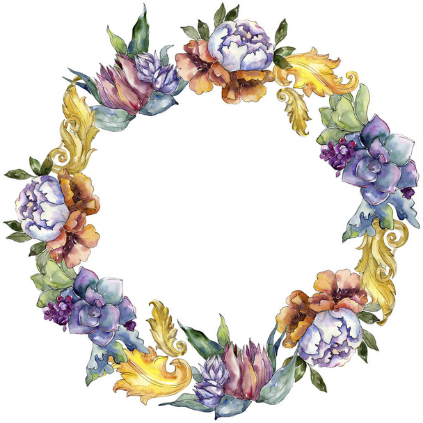 Blumensträuße botanische Blumen. Aquarell Hintergrundillustration Set. Rahmen Rand Ornament Quadrat. - Foto, Bild