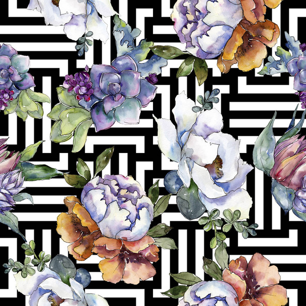 Bouquets floral botanical flowers. Watercolor background illustration set. Seamless background pattern. - Foto, imagen