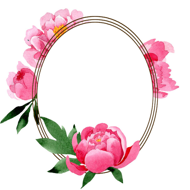Pink peony floral botanical flowers. Watercolor background illustration set. Frame border ornament square. - Фото, изображение