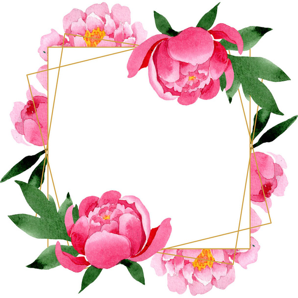Botanische Blüten der rosa Pfingstrose. Aquarell Hintergrundillustration Set. Rahmen Rand Ornament Quadrat. - Foto, Bild