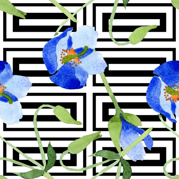 Blue poppy floral botanical flowers. Watercolor illustration set. Seamless background pattern. - Фото, зображення