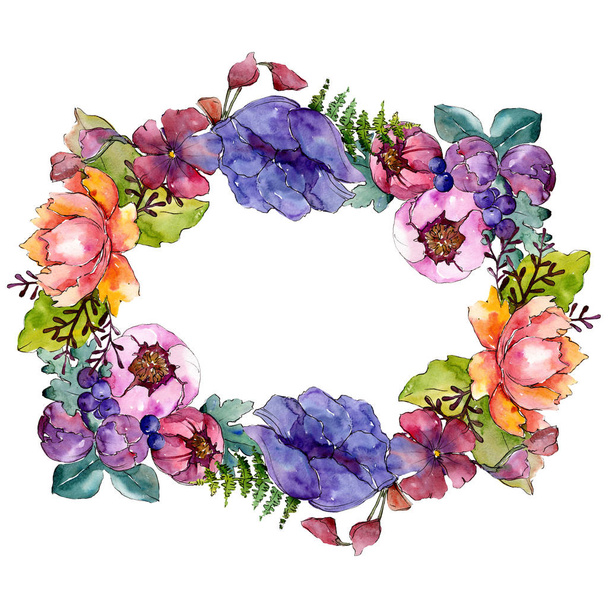 Blauw paars boeket bloemen botanische bloemen. Aquarel achtergrond afbeelding instellen. Frame grens ornament vierkant. - Foto, afbeelding