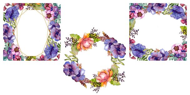 Blauw paars boeket bloemen botanische bloemen. Aquarel achtergrond afbeelding instellen. Frame grens ornament vierkant. - Foto, afbeelding