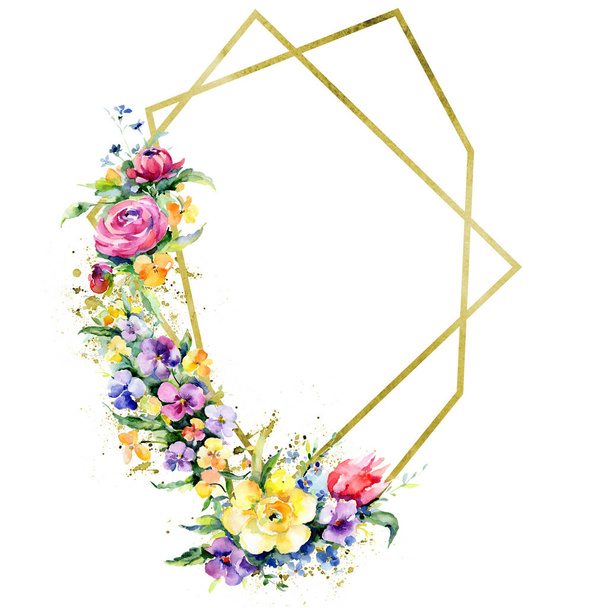 Bouquets floral botanical flowers. Watercolor background illustration set. Frame border ornament square. - Φωτογραφία, εικόνα