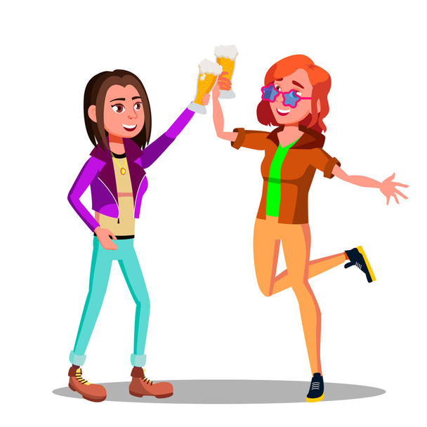 Girlfriends At Party Clinking Beer Glasses Vector Characters - Vector, Image