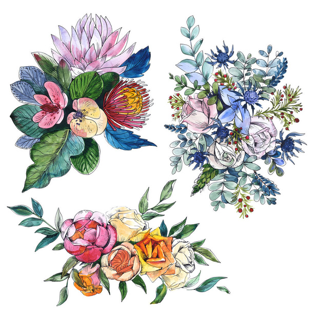 Wildflowers bouquet floral botanical flowers. Watercolor background set. Isolated compositions illustration element. - Foto, Imagem