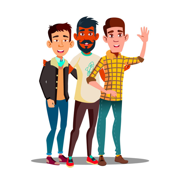 Brotherhood, Multiethnic Male Friends Vector Cartoon Characters - Vector, Image
