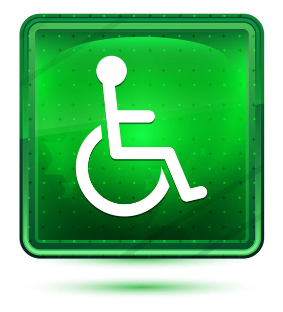 Icône handicap en fauteuil roulant néon bouton carré vert clair
 - Photo, image