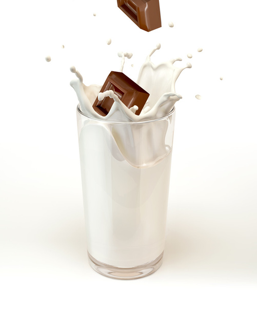 σοκολάτα κύβους εκτινάξεις σε ένα ποτήρι γάλα. σε άσπρο φόντο - Φωτογραφία, εικόνα