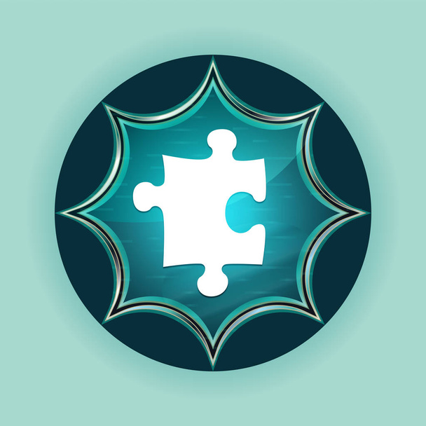 Puzzle ikon varázslatos üveges Sunburst kék gomb ég kék backgro - Fotó, kép