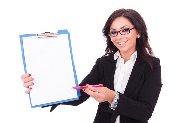 business woman presents clipboard - Фото, изображение
