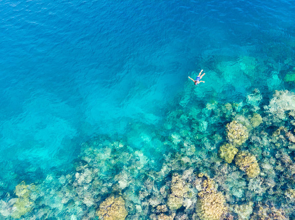 Повітряна поверхня внизу люди плавають на коралових рифах тропічне каріббове море, бірюзова блакитна вода. Індонезія архіпелаг Вакатобі, морський національний парк, туристичне місце для дайвінгу - Фото, зображення