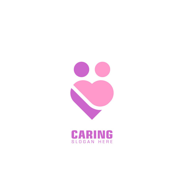 logo opiekuńcze, dwie osoby w kształcie serca, ilustracja opieki społecznej, płaskie logo na białym tle. - Wektor, obraz