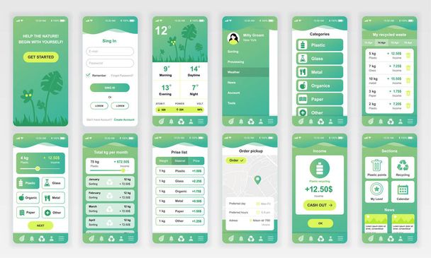 Set of UI, UX, GUI screens Ecology app flat design template for mobile apps, responsive website wireframes. Web design UI kit. Ecology Dashboard. - Vector, Image