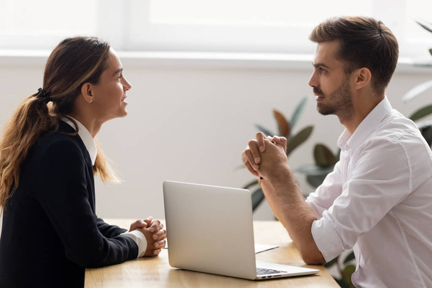 Male hr employer talk to female applicant at job interview - Photo, image