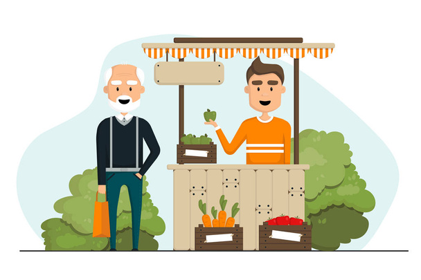 Vektorflache Illustration. Gemüseladen mit Möhren, Tomaten und Äpfeln. kam ein fröhlicher alter Mann, um frisches Gemüse und Obst zu kaufen. Verkäufer verkauft Ernte. gesunde Ernährung - Vektor, Bild
