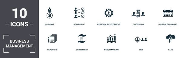 Coleção de ícones de conjunto Business Management. Inclui elementos simples, como Patrocinador, Ponto de Vista, Desenvolvimento Pessoal, Discussão, Planejamento de Programação, Compromisso e Benchmarking ícones premium
 - Vetor, Imagem