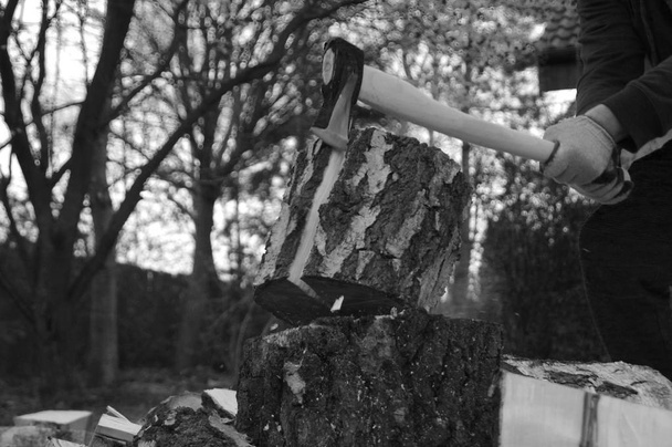 Chopping wood with axe - Фото, зображення
