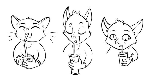 Três doodle irmãos raposa beber suco
 - Vetor, Imagem