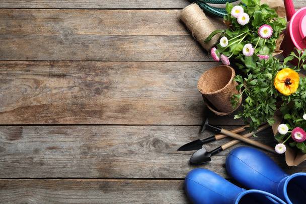 Flat lay composition with gardening equipment and space for text on wooden background - Zdjęcie, obraz