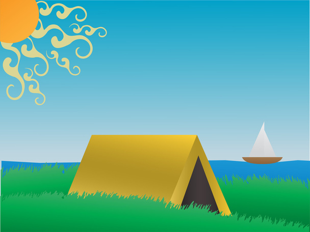 Camping sur une colline herbeuse près du lac dayti
 - Vecteur, image