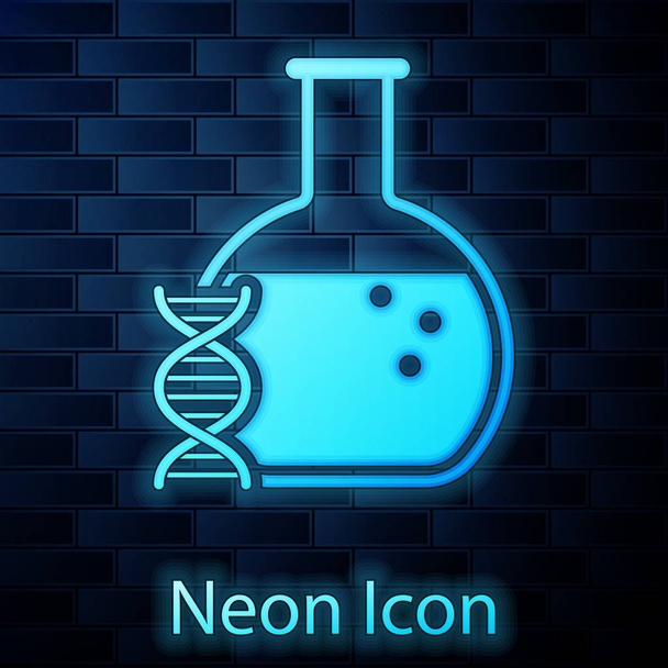 Glowing neon DNA research, search icon isolated on brick wall background. Genetic engineering, genetics testing, cloning, paternity testing. Vector Illustration - Vector, Image