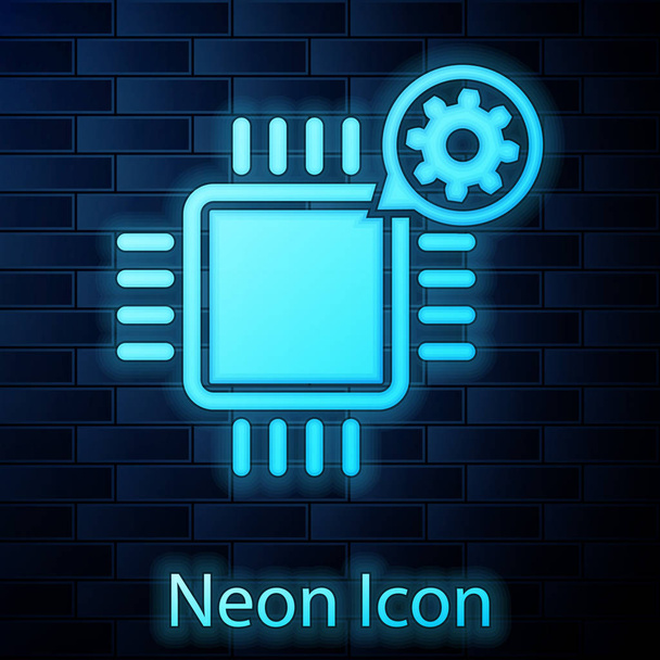 Glowing neon Processor and gear icon isolated on brick wall background. CPU, chip service concept. Adjusting app, setting options, maintenance, repair, fixing. Vector Illustration - Vector, Image