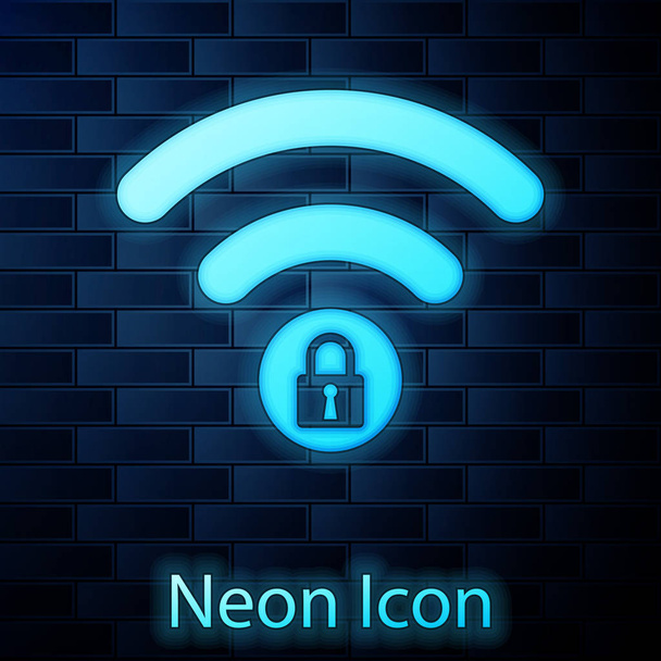 Glowing neon Wifi locked sign icon isolated on brick wall background. Password Wi-fi symbol. Wireless Network icon. Wifi zone. Vector Illustration - Vector, Image