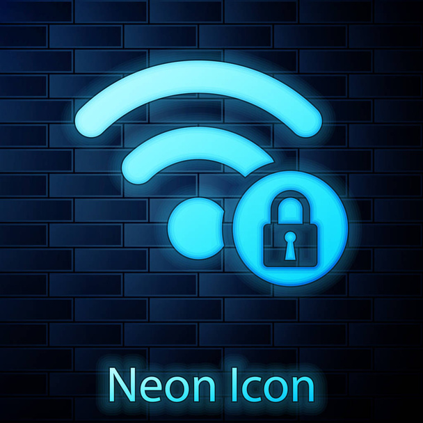 leuchtende Neon Wifi gesperrt Zeichen Symbol isoliert auf Backsteinwand Hintergrund. Passwort wi-fi-Symbol. Drahtlosnetzwerk-Symbol. Wifi-Zone. Vektorillustration - Vektor, Bild