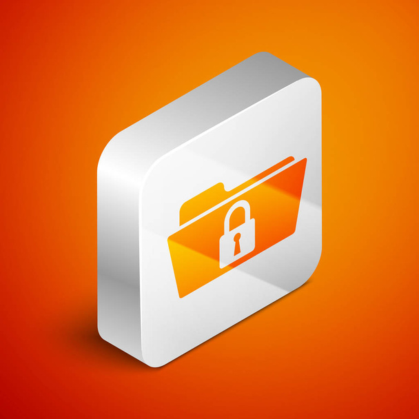 Isometric Folder and lock icon isolated on orange background. Closed folder and padlock. Security, safety, protection concept. Silver square button. Vector Illustration - Vector, Image
