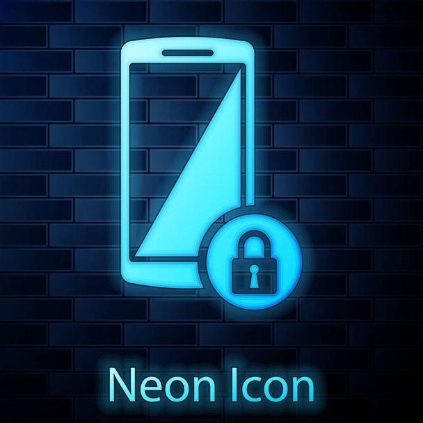 Glowing neon Smartphone with closed padlock icon isolated on brick wall background. Phone with lock. Mobile security, safety, protection concept. Vector Illustration - Vector, Image