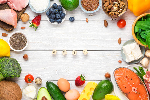 Sağlıklı gıda düşük karbonhidrat keto ketojenik diyet. yüksek iyi yağ ürünleri. üst görünüm - Fotoğraf, Görsel