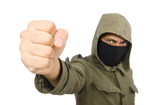 Verbrecher trägt Maske isoliert auf weißem Grund - Foto, Bild