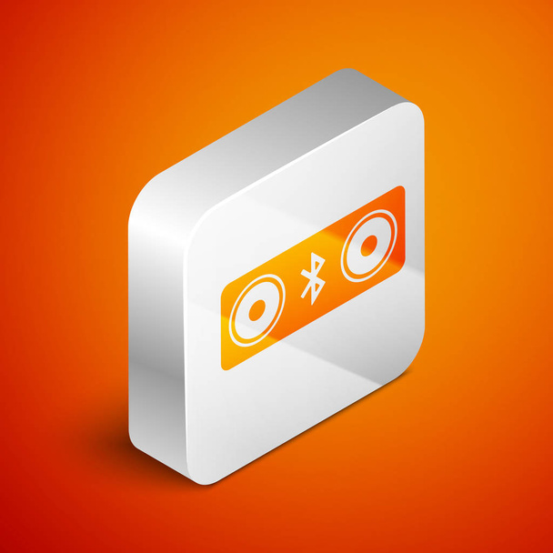 Izometryczna ikona głośników Bluetooth odizolowana na pomarańczowym tle. Głośnik stereo Bluetooth. Srebrny kwadrat przycisk. Ilustracja wektorowa - Wektor, obraz