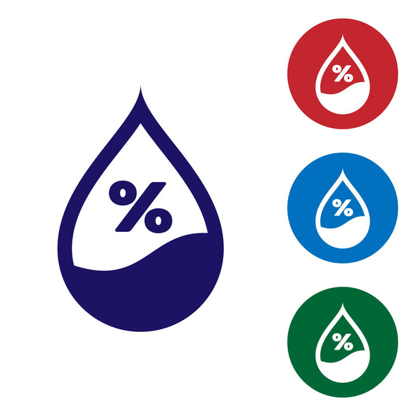 blaue Wassertropfen Prozentsatz Symbol isoliert auf weißem Hintergrund. Feuchtigkeitsanalyse. setzen Farbsymbol in Kreis-Tasten. Vektorillustration - Vektor, Bild