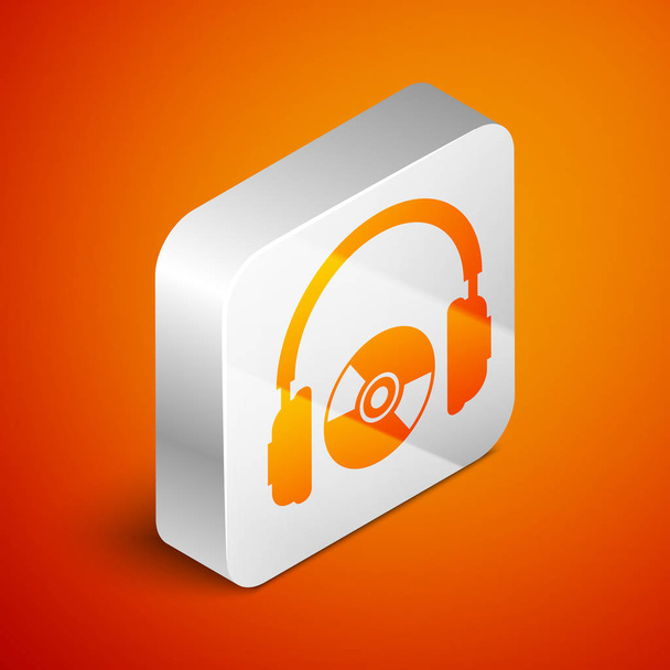 Headphones isométricos e ícone de CD ou DVD isolado em fundo laranja. Sinal de fone de ouvido. Símbolo de disco compacto. Botão quadrado de prata. Ilustração vetorial
 - Vetor, Imagem