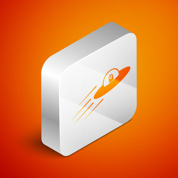 Isometric UFO flying spaceship and alien icon isolated on orange background. Flying saucer. Alien space ship. Futuristic unknown flying object. Silver square button. Vector Illustration - Vector, Image