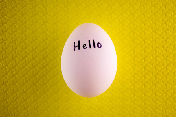 White chicken egg with black inscription hello on a yellow background. - Photo, Image