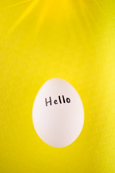 Λευκό αυγό κοτόπουλου με μαύρη επιγραφή Γεια σε κίτρινο φόντο. - Φωτογραφία, εικόνα