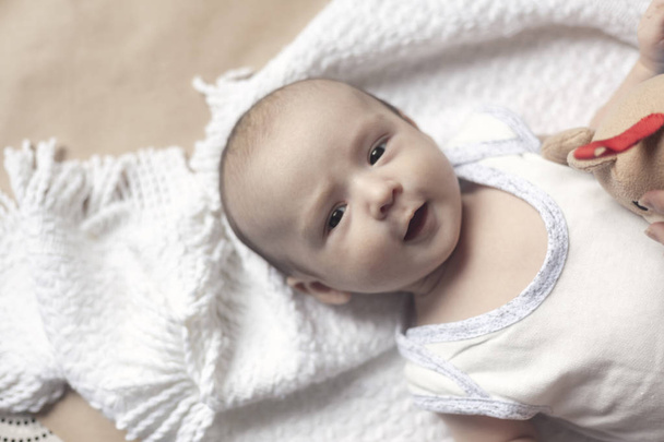 2 měsíční chlapeček lhaní. Detail roztomilé roztomilé novorozeně chlapce ze dvou měsíců na měkké textilní. Roztomilé dítě hrát s plyšovou hračkou - Fotografie, Obrázek