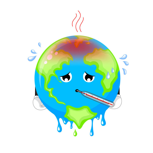 Poorly globe character with thermometer. Cartoon earth, global warming concept. illustration isolated on white background. - Διάνυσμα, εικόνα