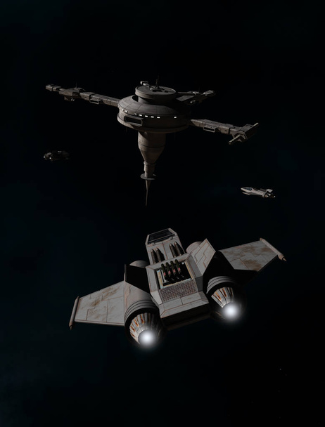 Ilustración de ciencia ficción de naves espaciales de combate de un solo asiento acercándose a una estación espacial de espacio profundo, ilustración representada digitalmente en 3D
 - Foto, Imagen