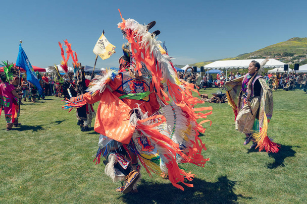 Dancers. A Pow Wow is an American Indian social gathering or fair which usually includes competitive dancing or discussions. 2019 21st Annual Chumash Day Powwow and Intertribal Gathering, Malibu, California, April 13, 2019 - Photo, Image