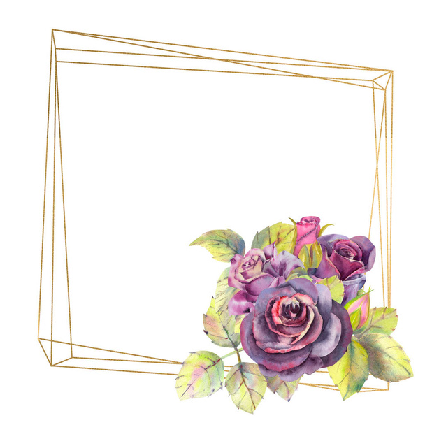 Flowers of dark roses, green leaves, composition in a geometric Golden frame . The concept of the wedding flowers. Flower poster, invitation. Watercolor compositions for the design of greeting cards o - Photo, Image