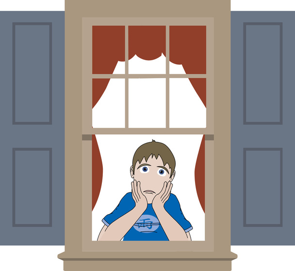 trieste jongen leunend in vensterbank - Vector, afbeelding