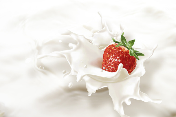 Strawberry falling into a sea of milk, causing a splash. - Photo, Image