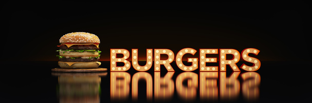 hambúrguer com sinal de néon. Renderização 3d
 - Foto, Imagem